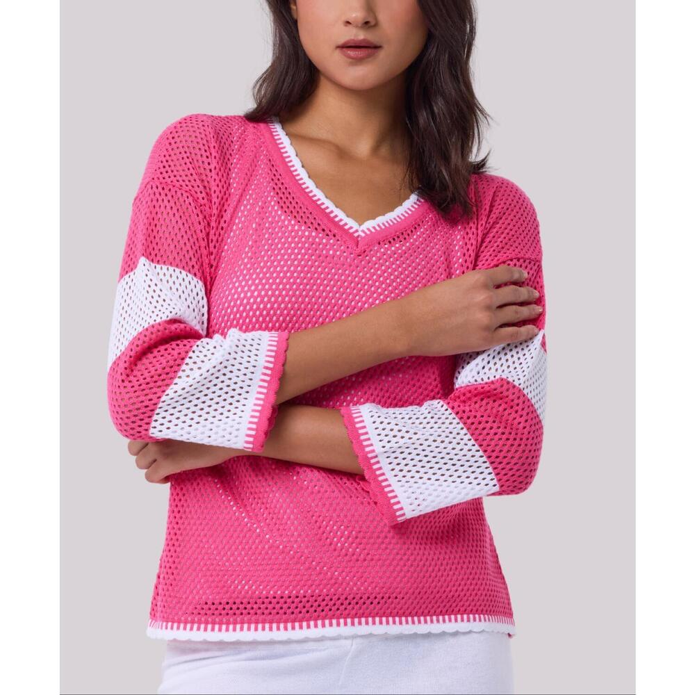 NEW ANGEL APPAREL crochet v-neck top in petal/white